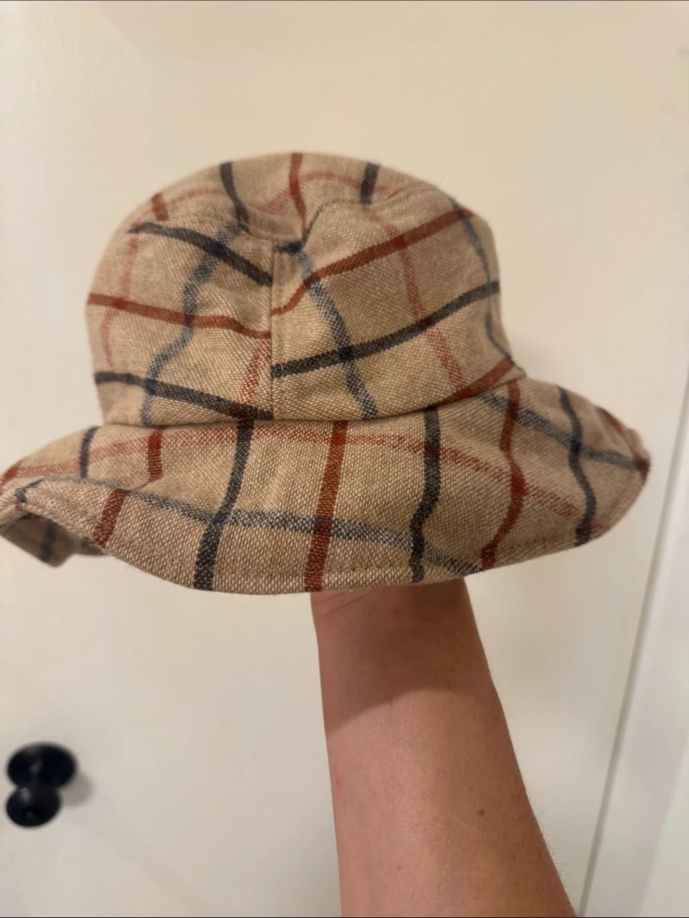 Beige Plaid Wool Blend Bucket Hat - Casual Women's Hat